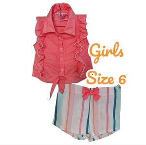 Penelope Mack Salmon Swiss Dot Ruffled CottonTop w White Striped Shorts size 6